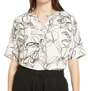 Nordstrom Popover Blouse Ivory Black/Brown Floral Strokes Size Large